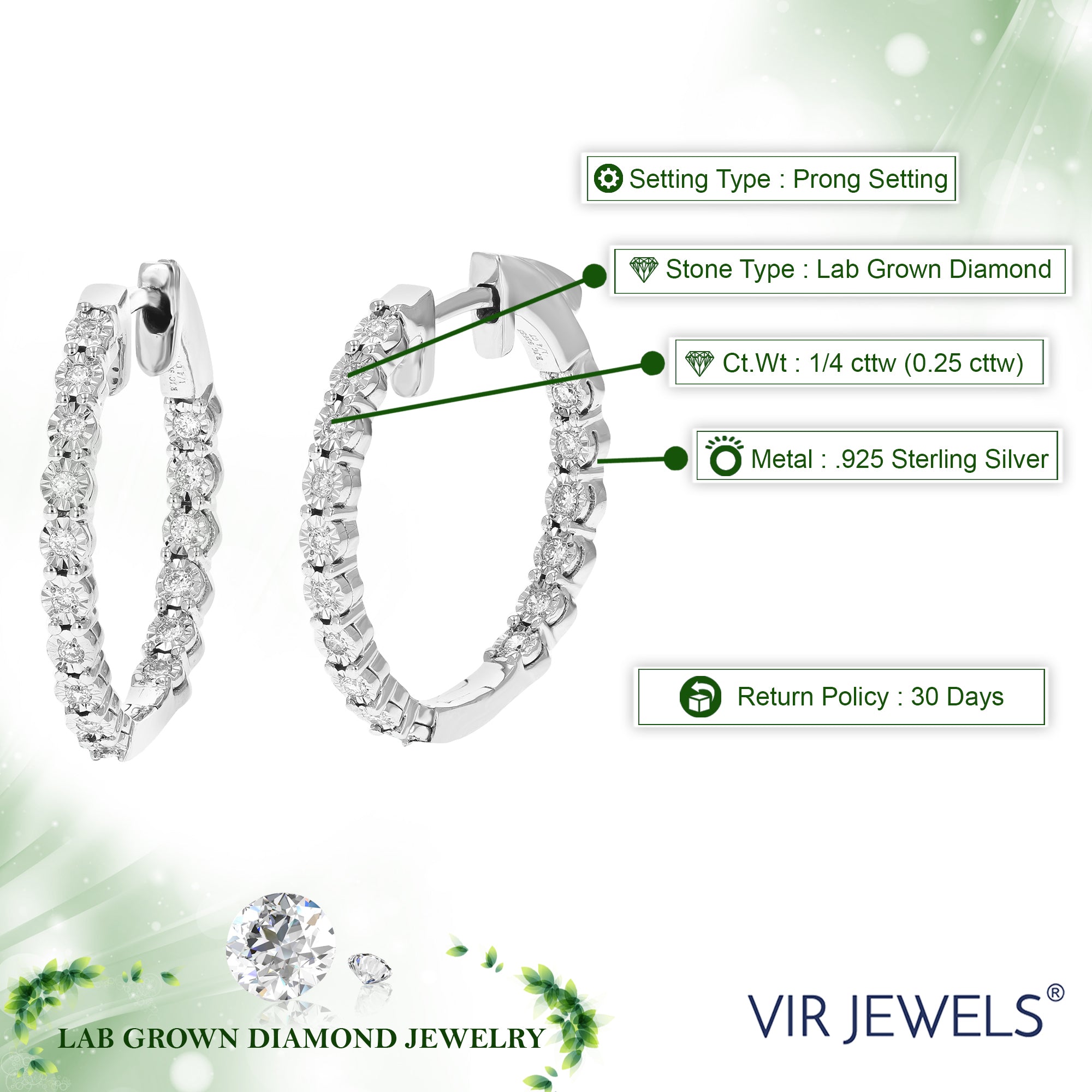 1/4 cttw Diamond Hoop Earrings for Women, Round Lab Grown Diamond Earrings in .925 Sterling Silver, Prong Setting, 3/4 Inch