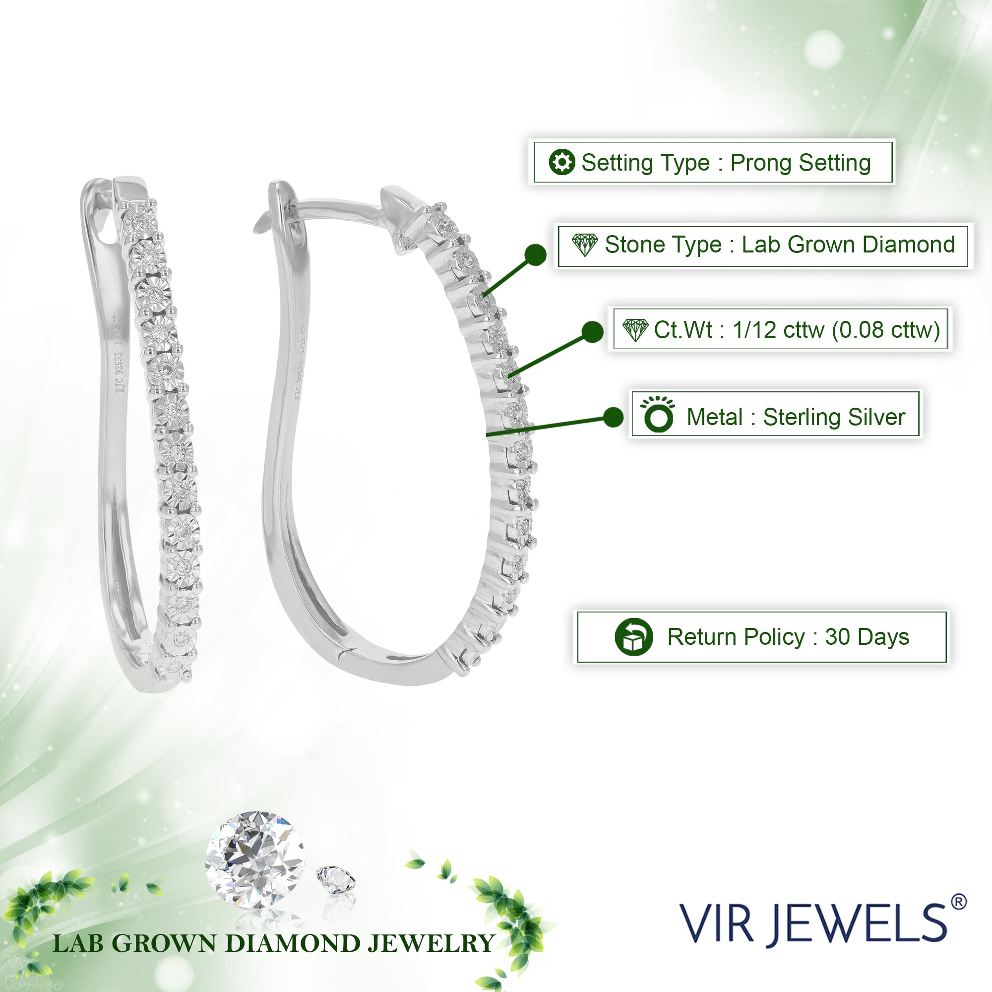 1/12 cttw Diamond Hoop Earrings for Women, Round Lab Grown Diamond Earrings in .925 Sterling Silver, Prong Setting, 1 Inch
