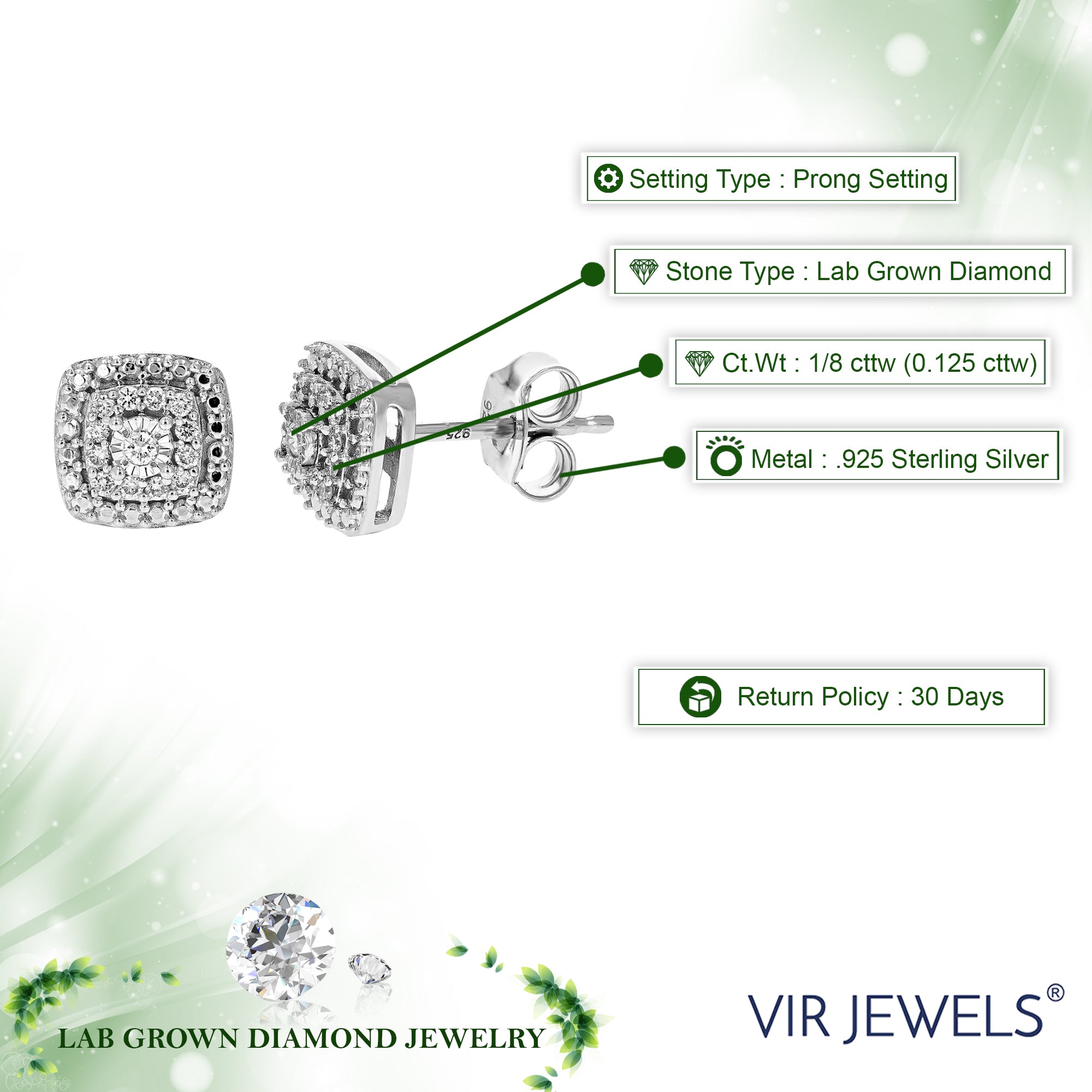 1/8 cttw Stud Earrings for Women, Round Lab Grown Diamond Stud Earrings in .925 Sterling Silver, Prong Setting