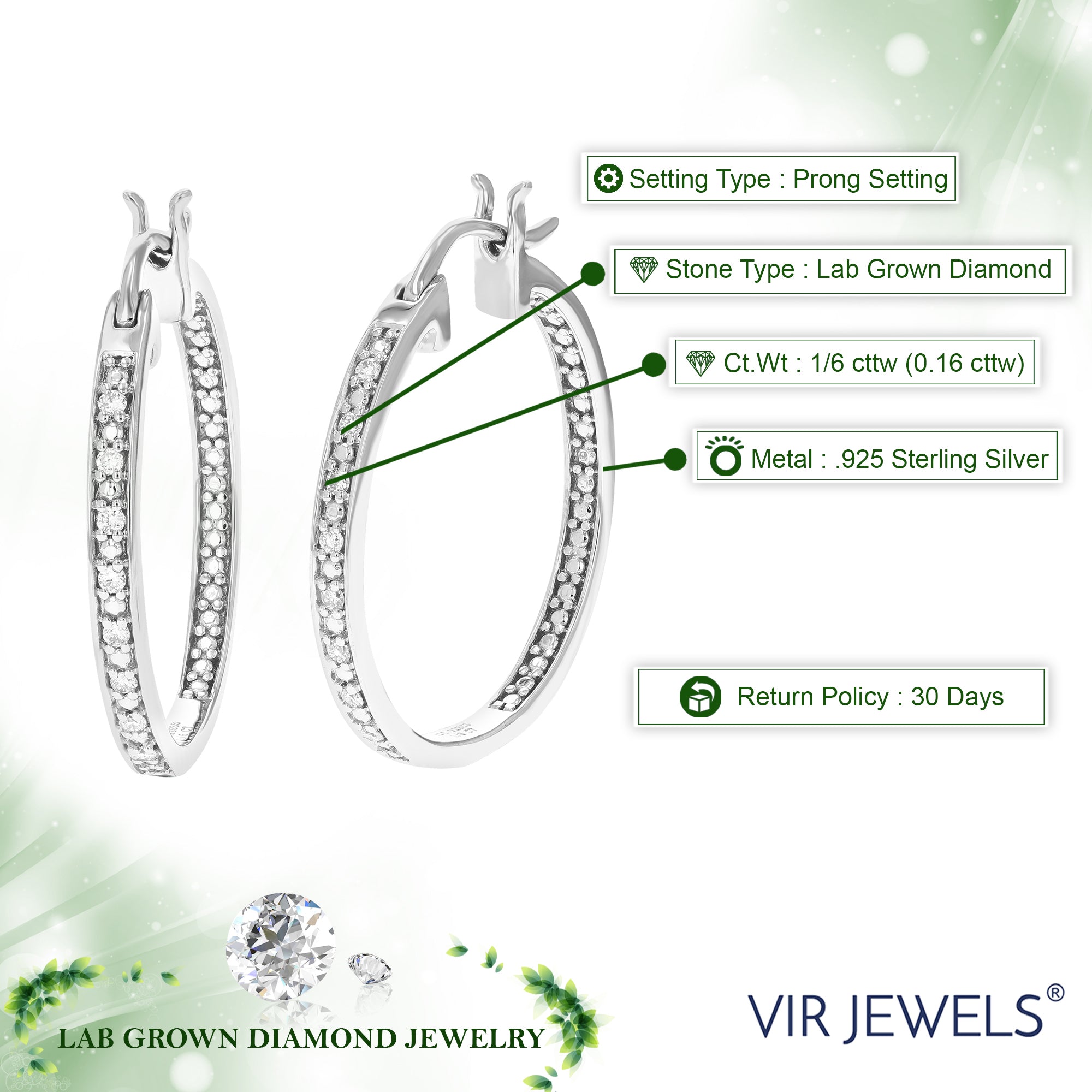 1/6 cttw Diamond Hoop Earrings for Women, Round Lab Grown Diamond Earrings in .925 Sterling Silver, Prong Setting, 1 Inch