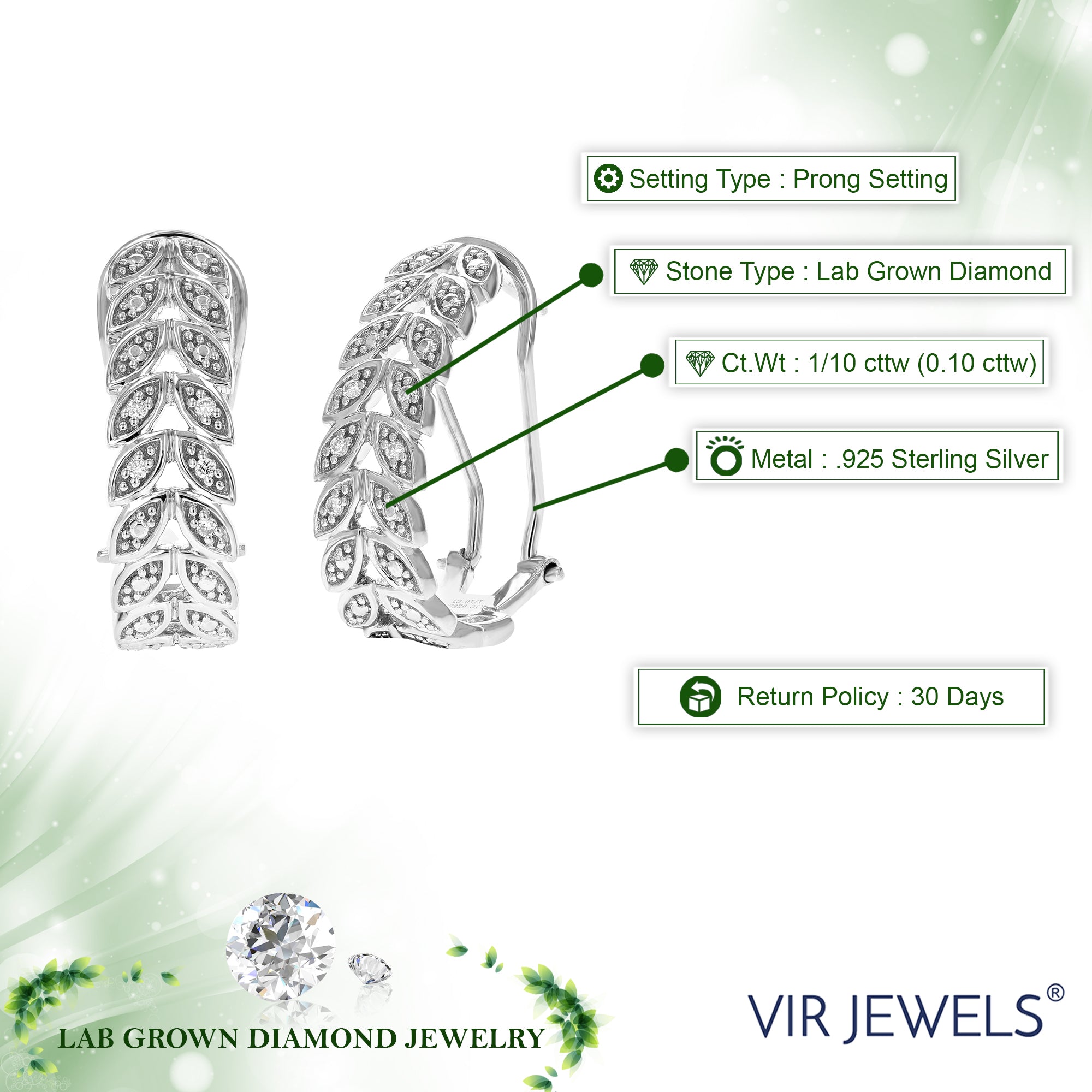 1/10 cttw Diamond Hoop Earrings for Women, Round Lab Grown Diamond Earrings in .925 Sterling Silver, Prong Setting, 1 Inch