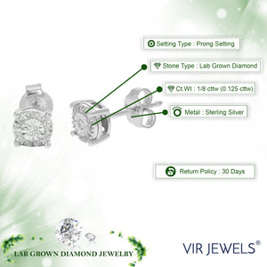 1/8 cttw Stud Earrings for Women, Round Lab Grown Diamond Stud Earrings in .925 Sterling Silver, Prong Setting