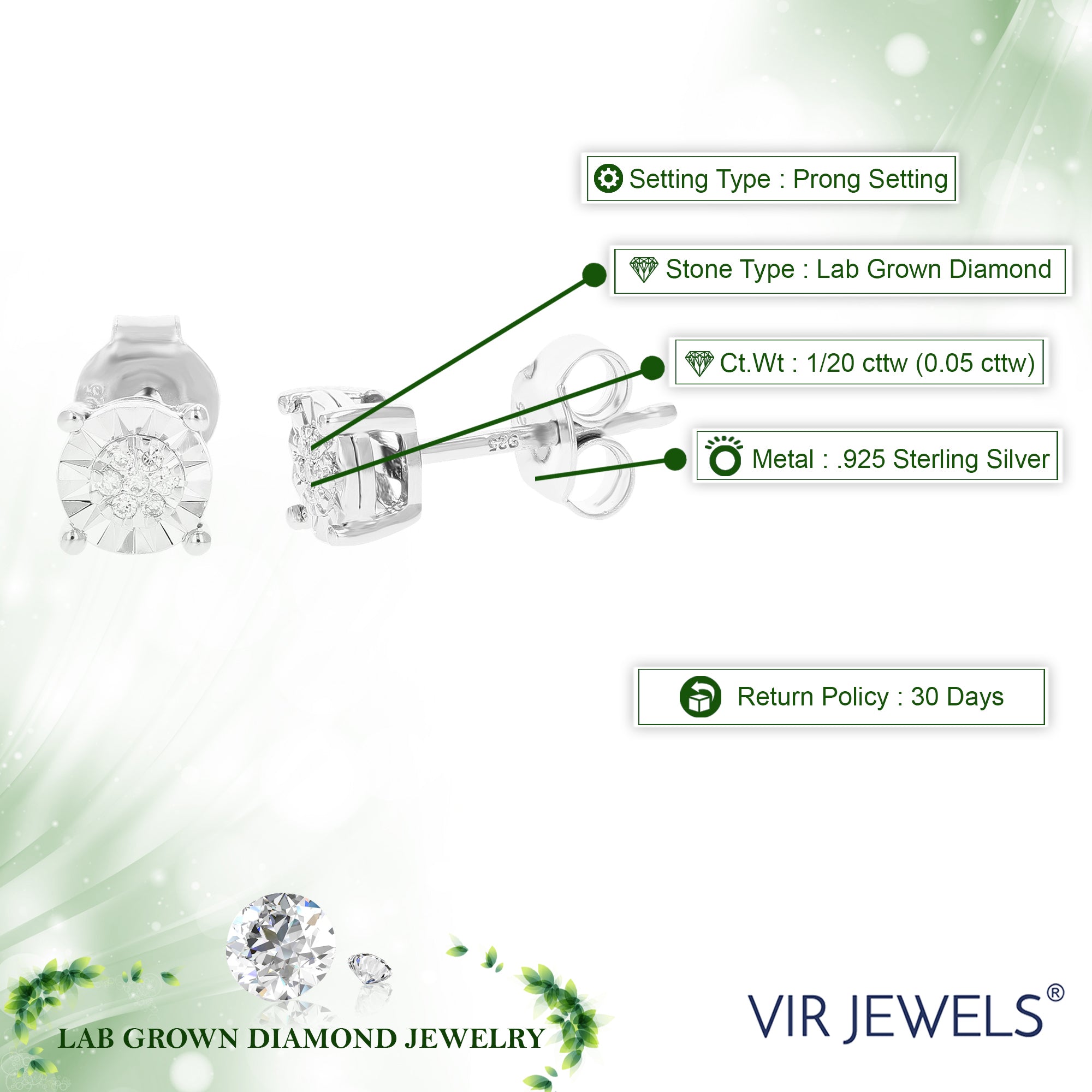 1/20 cttw Stud Earrings for Women, Round Lab Grown Diamond Stud Earrings in .925 Sterling Silver, Prong Setting