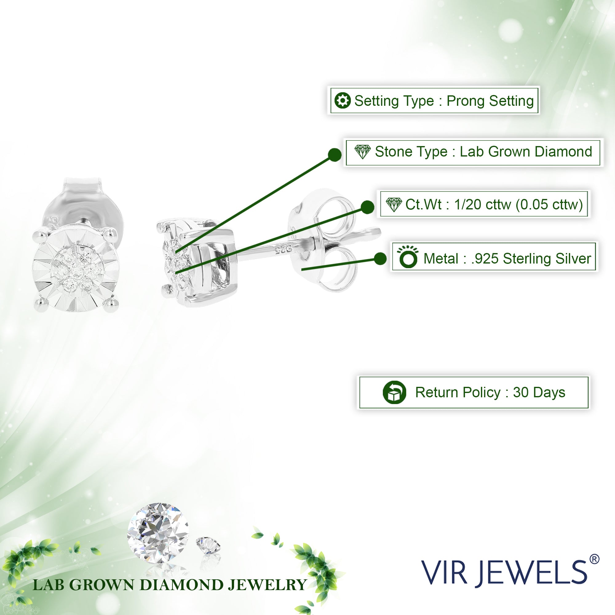 1/20 cttw Stud Earrings for Women, Round Lab Grown Diamond Stud Earrings in .925 Sterling Silver, Prong Setting