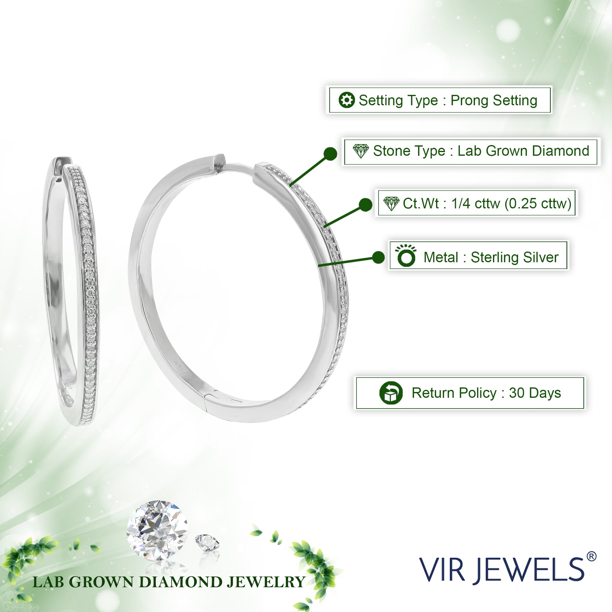 1/4 cttw Diamond Hoop Earrings for Women, Round Lab Grown Diamond Earrings in .925 Sterling Silver, Prong Setting, 1 1/4 Inch