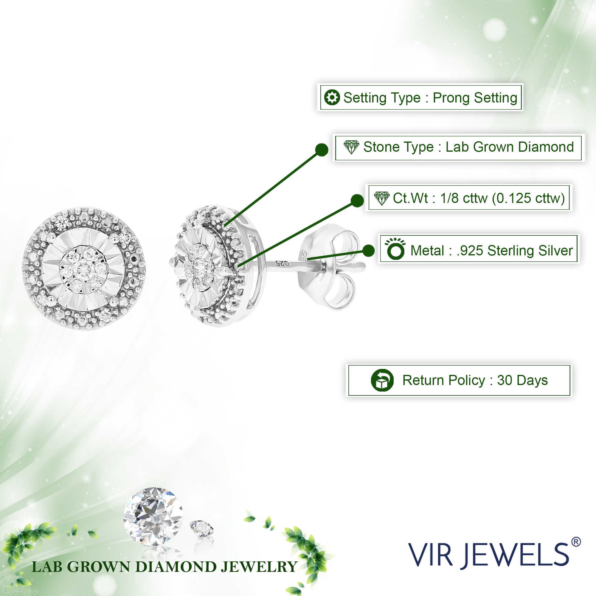 1/8 cttw Stud Earrings for Women, Round Lab Grown Diamond Stud Earrings in .925 Sterling Silver, Prong Setting