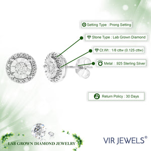 1/8 cttw Stud Earrings for Women, Round Lab Grown Diamond Stud Earrings in .925 Sterling Silver, Prong Setting