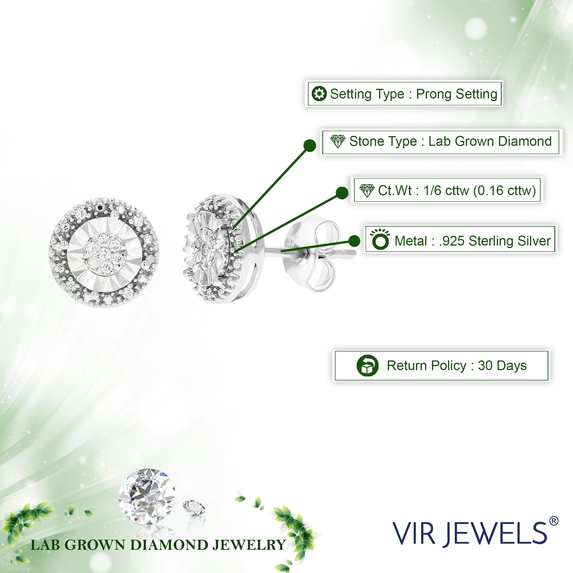 1/6 cttw 26 Stones Round Lab Grown Diamond Studs Earrings .925 Sterling Silver Prong Set, 1/2 Inch