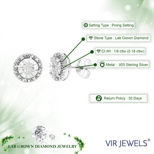1/6 cttw 26 Stones Round Lab Grown Diamond Studs Earrings .925 Sterling Silver Prong Set, 1/2 Inch