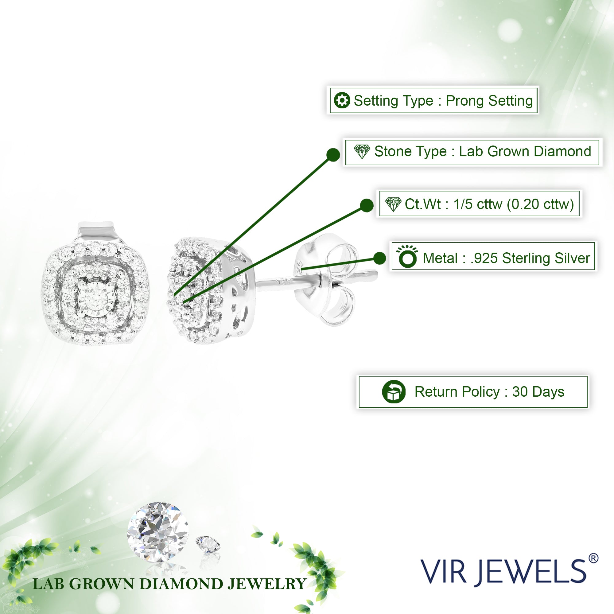 1/5 cttw Stud Earrings for Women, Round Lab Grown Diamond Stud Earrings in .925 Sterling Silver, Prong Setting