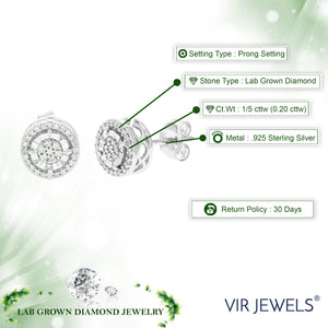 1/5 cttw Stud Earrings for Women, Round Lab Grown Diamond Stud Earrings in .925 Sterling Silver, Prong Setting