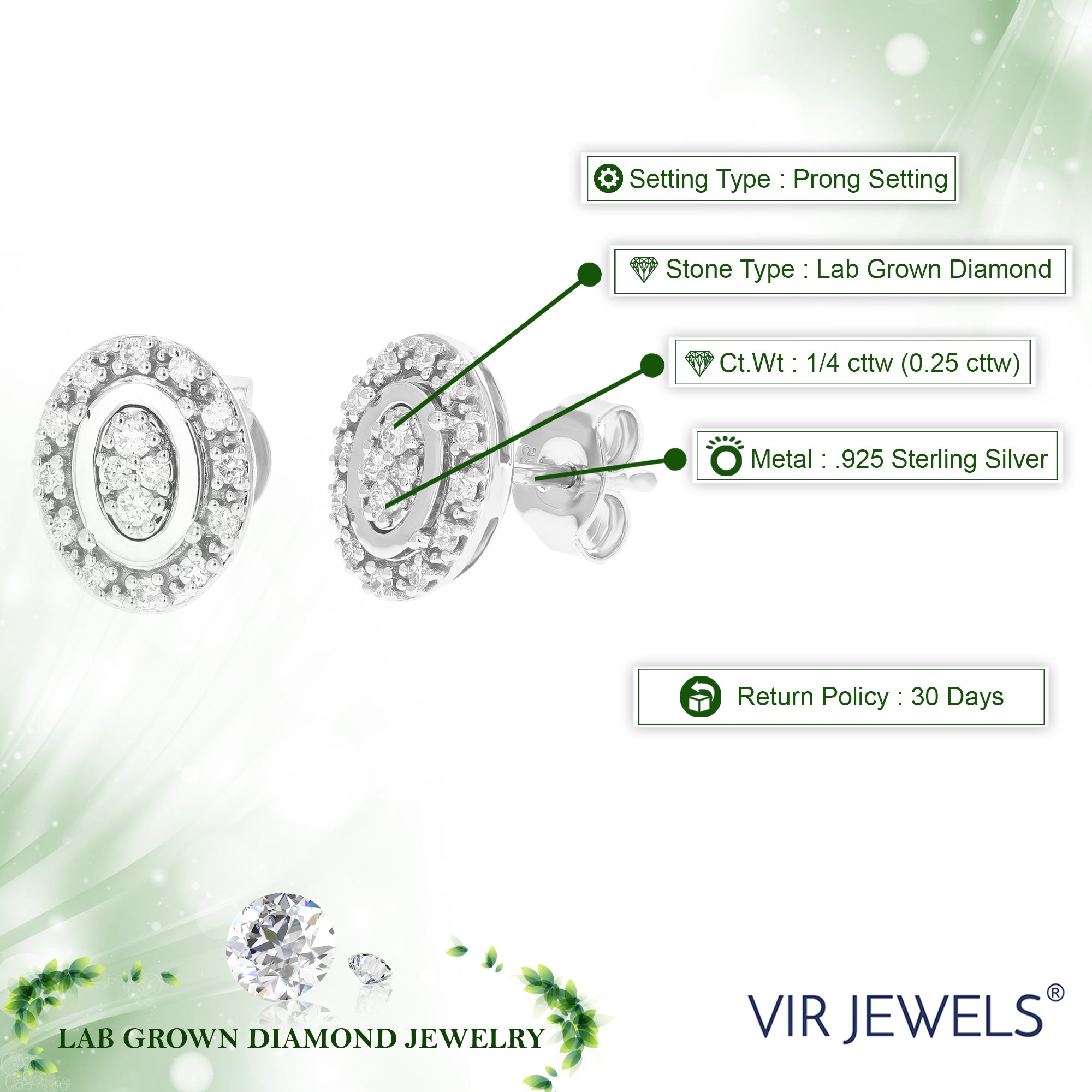 1/4 cttw Stud Earrings for Women, Round Lab Grown Diamond Stud Earrings in .925 Sterling Silver, Prong Setting