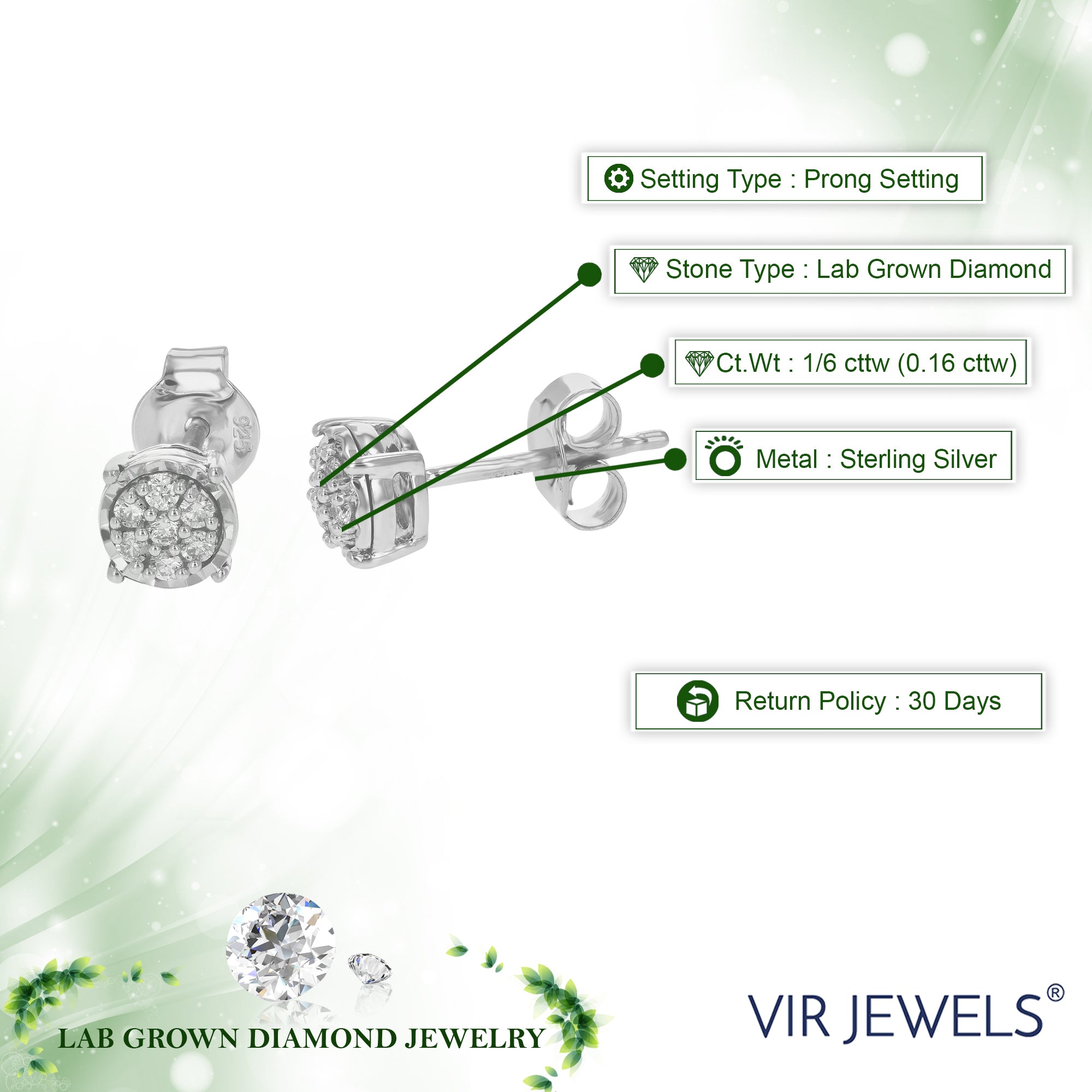 1/6 cttw Stud Earrings for Women, Round Lab Grown Diamond Stud Earrings in .925 Sterling Silver, Prong Setting