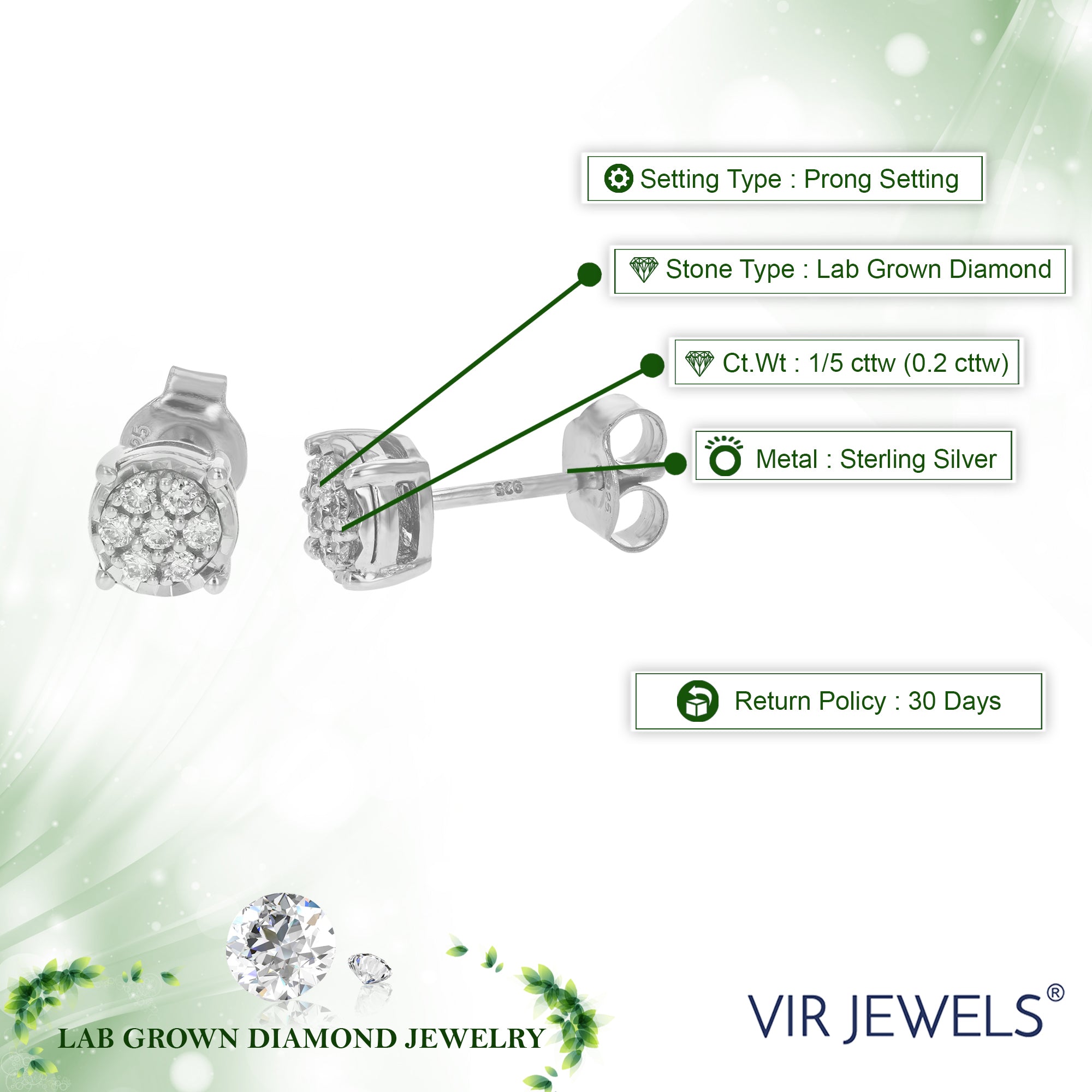 1/5 cttw Stud Earrings for Women, Round Lab Grown Diamond Stud Earrings in .925 Sterling Silver, Prong Setting