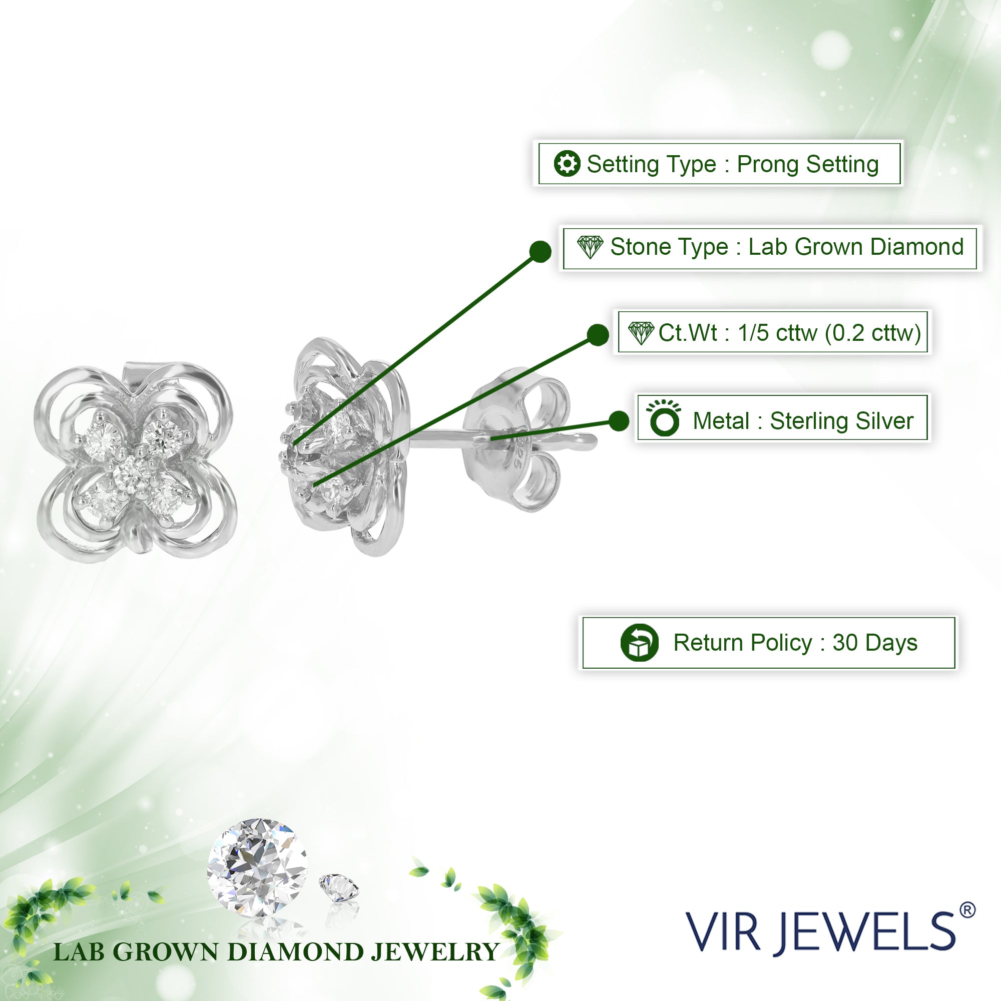 1/5 cttw Stud Earrings for Women, Round Lab Grown Diamond Stud Earrings in .925 Sterling Silver, Prong Setting