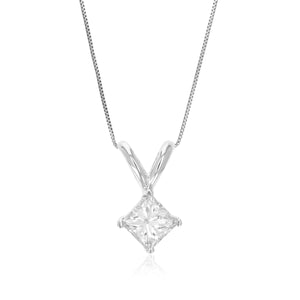 1/3 cttw Diamond Pendant, Princess Diamond Solitaire Pendant Necklace for Women in 14K White Gold with 18 Inch Chain, Prong Setting