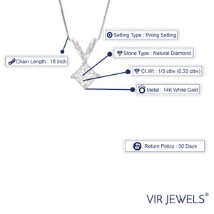 1/3 cttw Diamond Pendant, Princess Diamond Solitaire Pendant Necklace for Women in 14K White Gold with 18 Inch Chain, Prong Setting