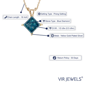 1/2 cttw Diamond Pendant, Blue Diamond Solitaire Pendant Necklace for Women in Yellow Gold Plated .925 Sterling Silver with 18 Inch Chain, Prong Setting