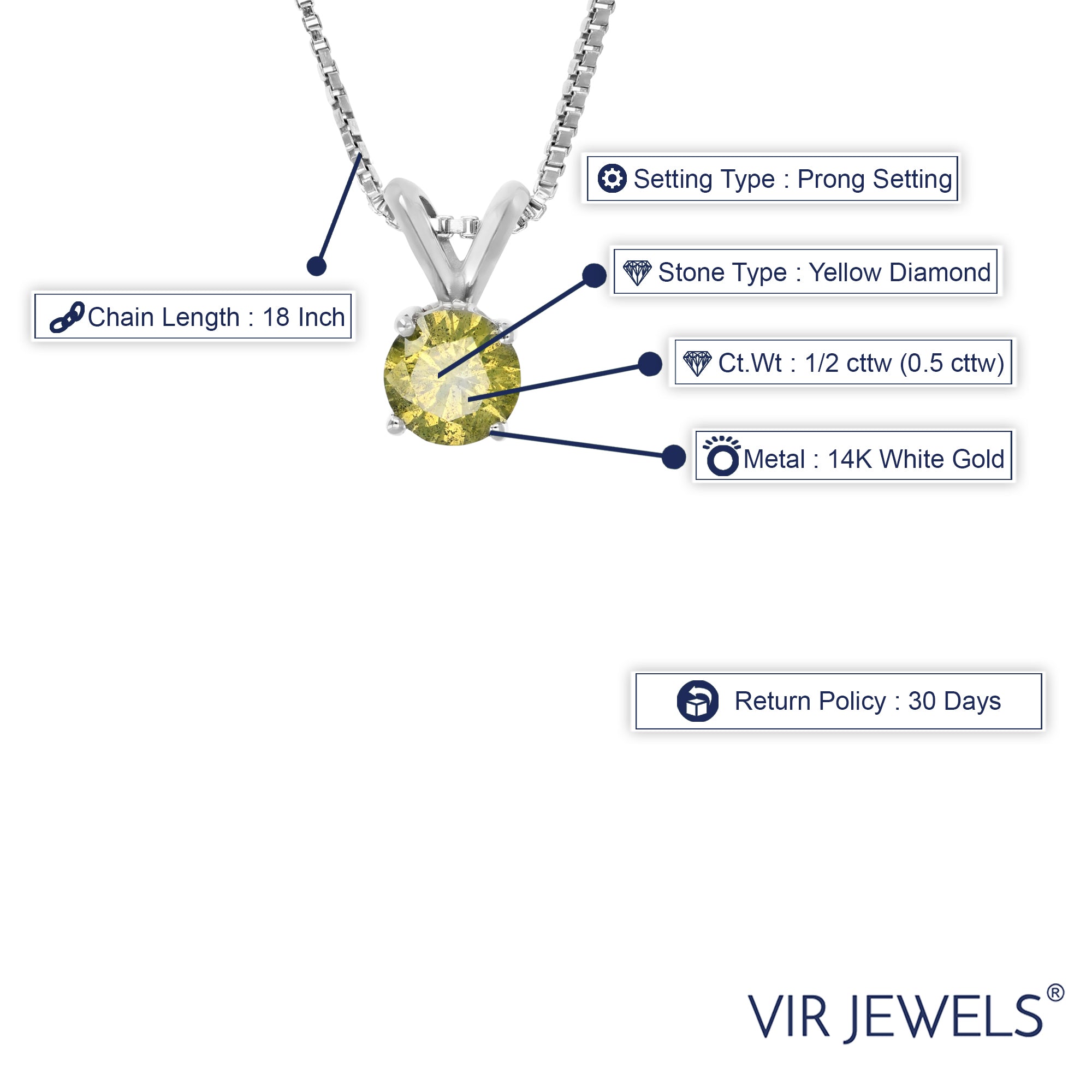 1/2 cttw Diamond Pendant, Yellow Diamond Solitaire Pendant Necklace for Women in 14K White Gold with 18 Inch Chain, Prong Setting