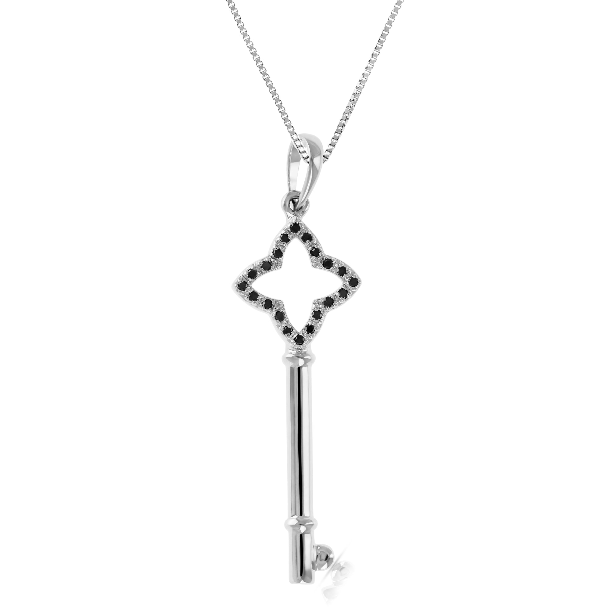 1/8 cttw Black Diamond Clover Key Pendant Necklace .925 Sterling Silver Rhodium