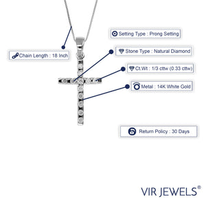 1/3 cttw Diamond Pendant, Diamond Cross Pendant Necklace for Women in 14K White Gold with 18 Inch Chain, Prong Setting