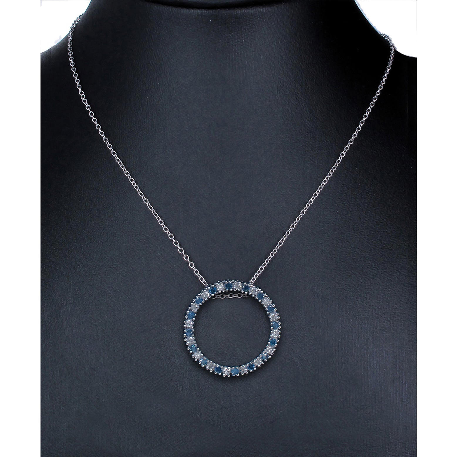 1/2 cttw Blue and White Diamond Circle Pendant Necklace 14K White Gold and Chain