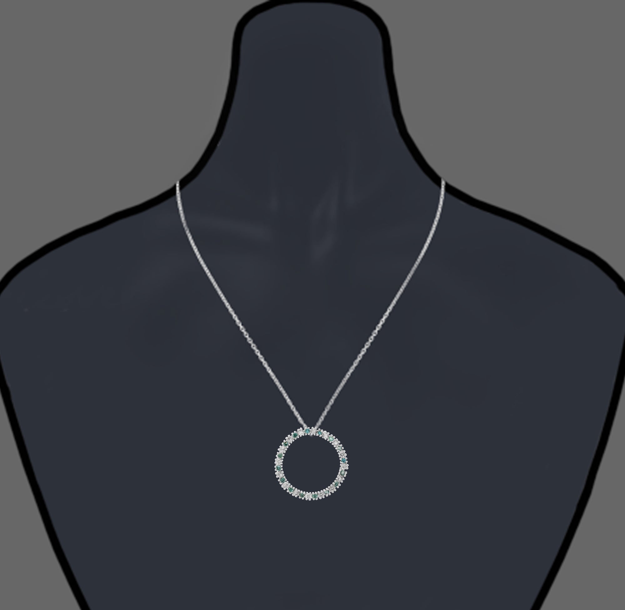 1/2 cttw Blue and White Diamond Circle Pendant Necklace 14K White Gold and Chain