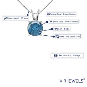 1 cttw Diamond Pendant, Blue Diamond Solitaire Pendant Necklace for Women in 14K White Gold with 18 Inch Chain, Prong Setting