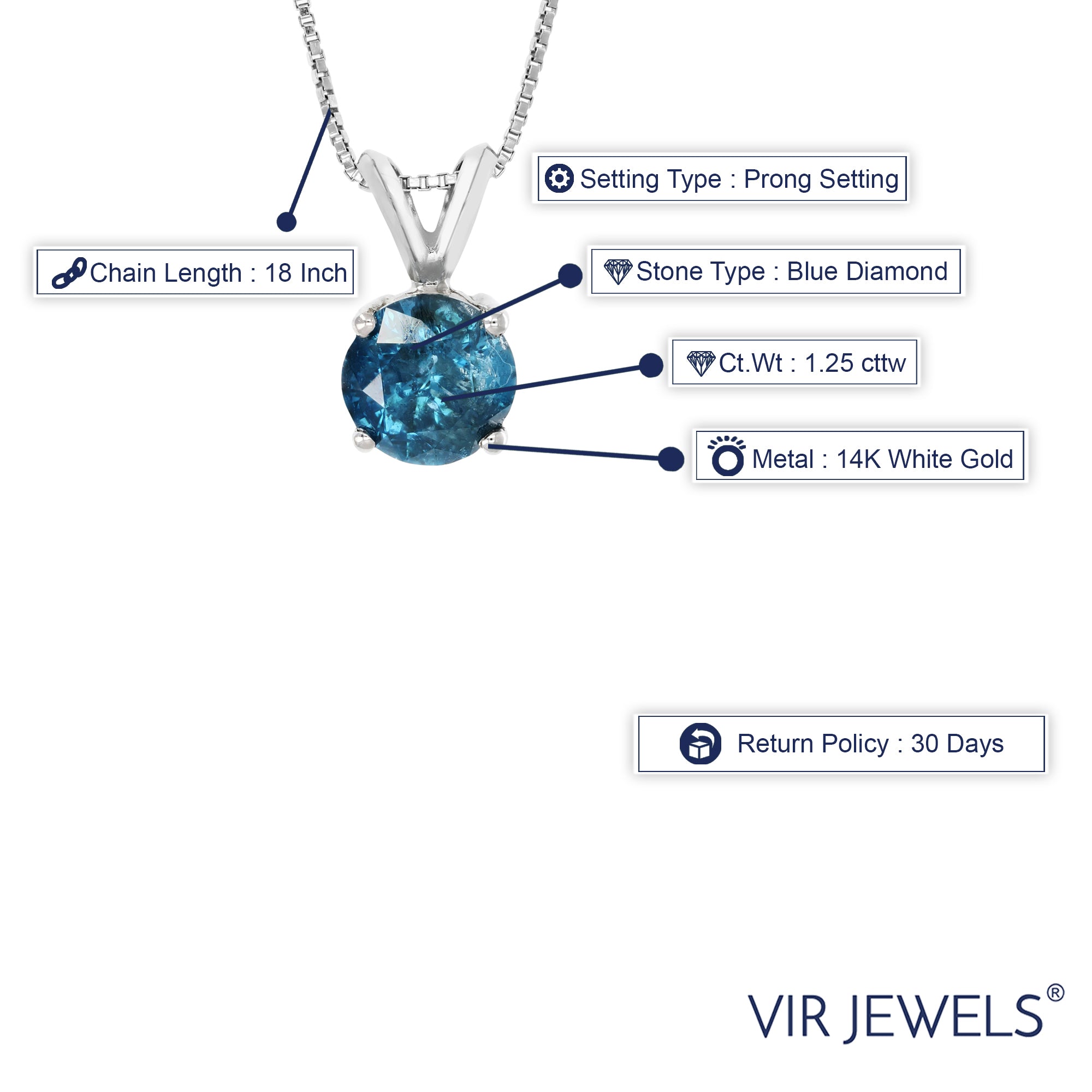 1.25 cttw Diamond Pendant, Blue Diamond Solitaire Pendant Necklace for Women in 14K White Gold with 18 Inch Chain, Prong Setting