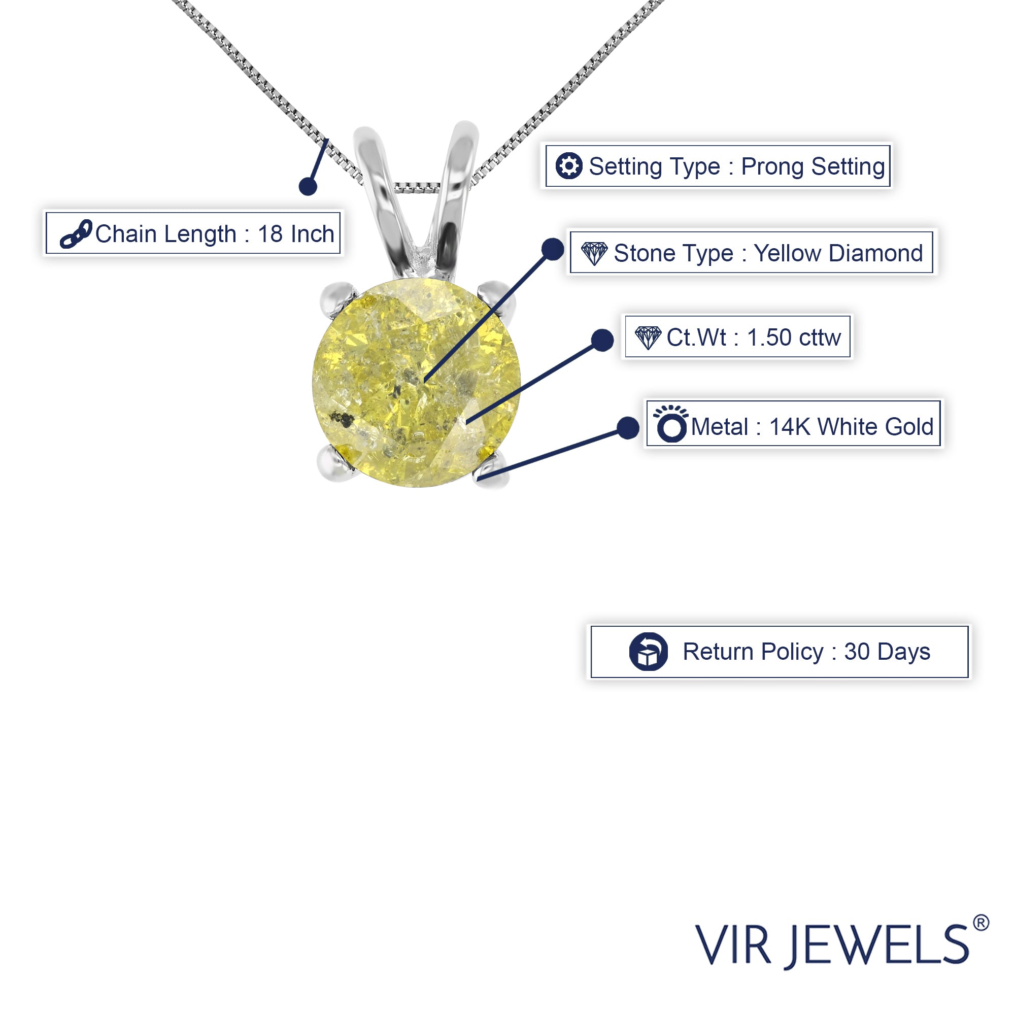 1.50 cttw Diamond Pendant, Yellow Diamond Solitaire Pendant Necklace for Women in 14K White Gold with 18 Inch Chain, Prong Setting