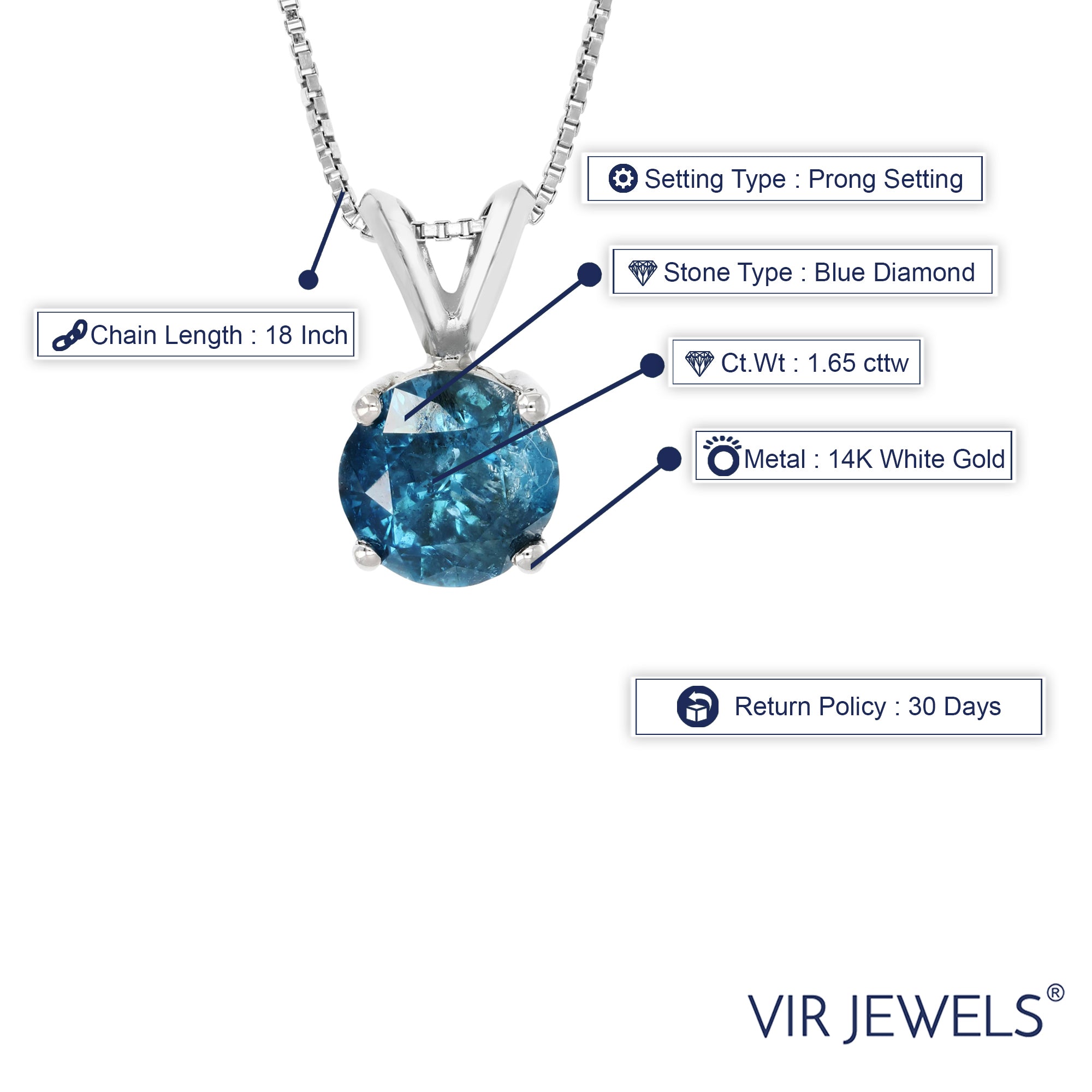1.65 cttw Diamond Pendant, Blue Diamond Solitaire Pendant Necklace for Women in 14K White Gold with 18 Inch Chain, Prong Setting