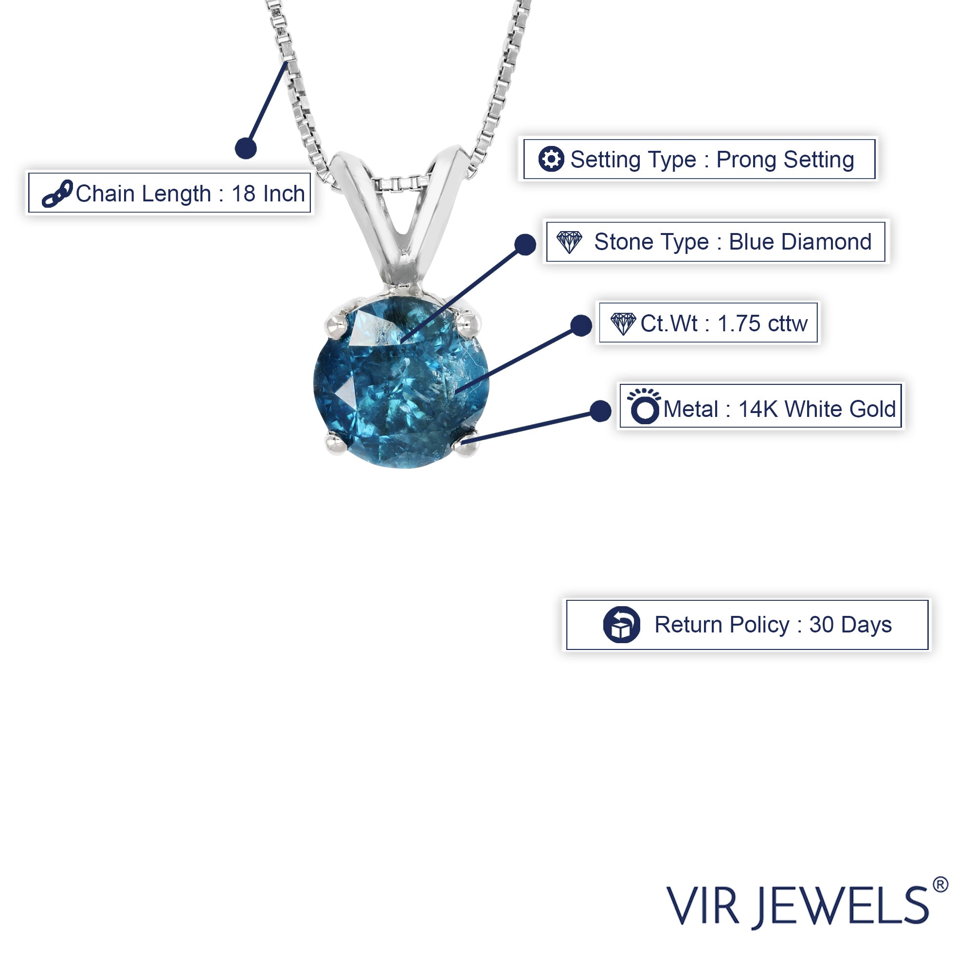 1.75 cttw Diamond Pendant, Blue Diamond Solitaire Pendant Necklace for Women in 14K White Gold with 18 Inch Chain, Prong Setting