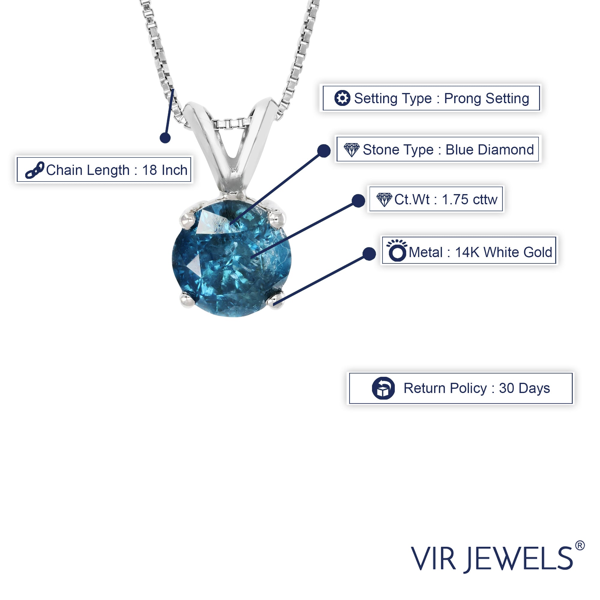 1.75 cttw Diamond Pendant, Blue Diamond Solitaire Pendant Necklace for Women in 14K White Gold with 18 Inch Chain, Prong Setting