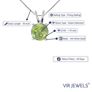 1.75 cttw Diamond Pendant, Green Diamond Solitaire Pendant Necklace for Women in 14K White Gold with 18 Inch Chain, Prong Setting