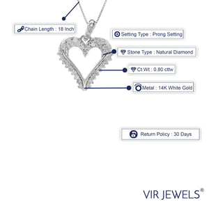 0.80 cttw Diamond Pendant, Diamond Heart Pendant Necklace for Women in 14K White Gold with 18 Inch Chain, Prong Setting