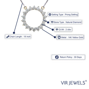 2 cttw Diamond Pendant, Diamond Circle Pendant Necklace for Women in 14K Yellow Gold with 18 Inch Chain, Prong Setting