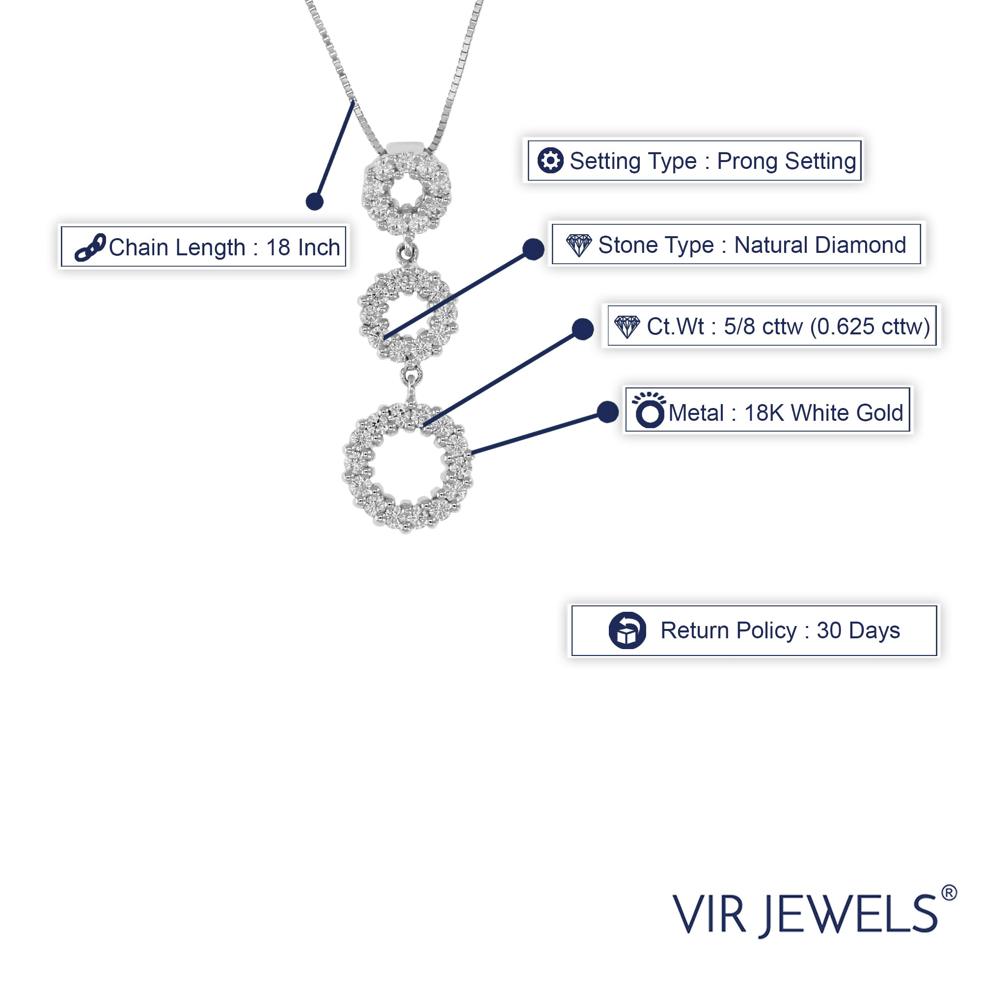 5/8 cttw Diamond Pendant, Diamond 3 Stone Cluster Pendant Necklace for Women in 18K White Gold with 18 Inch Chain, Prong Setting