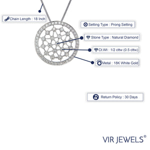 1/2 cttw Diamond Pendant, Diamond Round Pendant Necklace for Women in 18K White Gold with 18 Inch Chain, Prong Setting