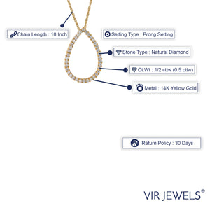 1/2 cttw Diamond Pendant, Pear Shape Diamond Drop Pendant Necklace for Women in 14K Yellow Gold with 18 Inch Chain, Prong Setting