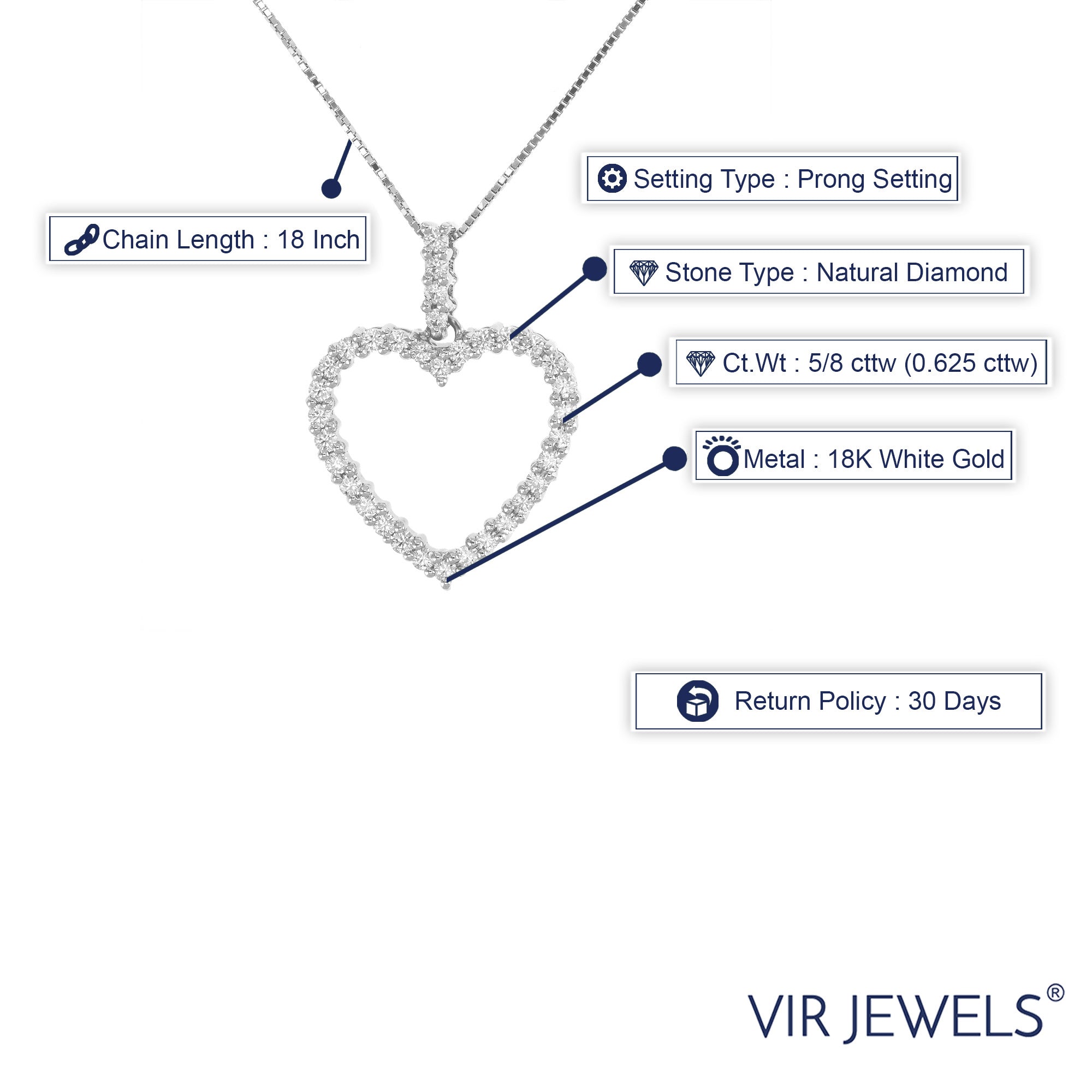 5/8 cttw Diamond Pendant, Diamond Heart Pendant Necklace for Women in 18K White Gold with 18 Inch Chain, Prong Setting