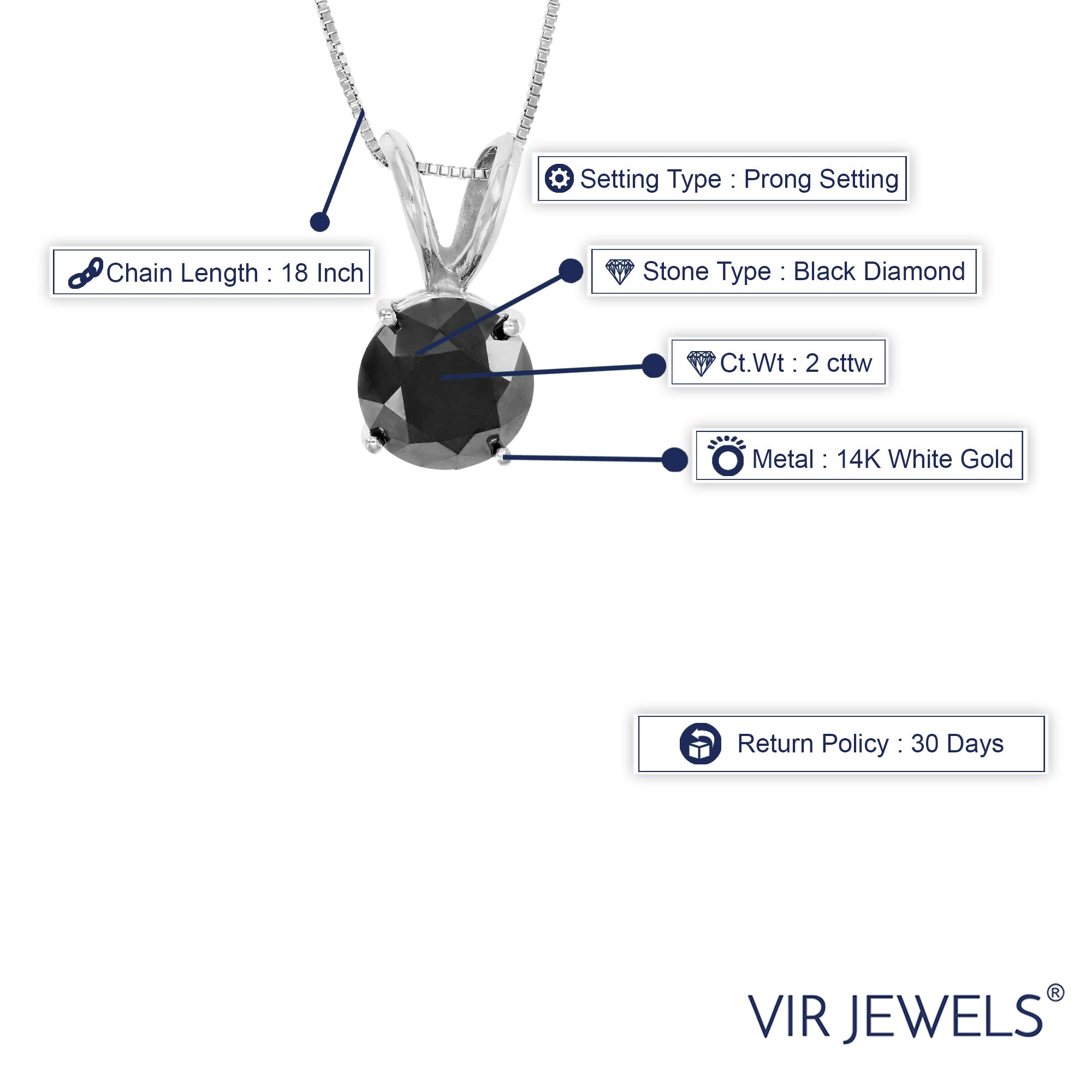 2 cttw Diamond Pendant, Black Diamond Solitaire Pendant Necklace for Women in 14K White Gold with 18 Inch Chain, Prong Setting