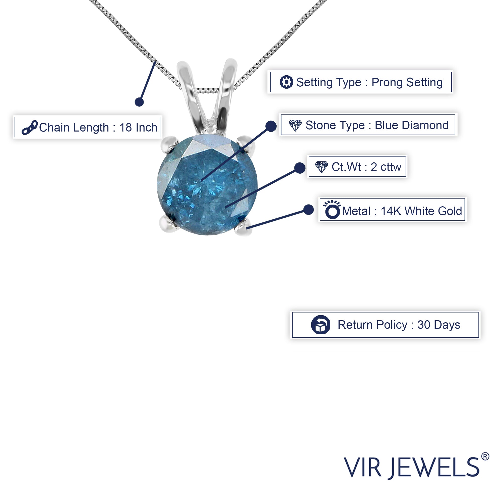 2 cttw Diamond Pendant, Blue Diamond Solitaire Pendant Necklace for Women in 14K White Gold with 18 Inch Chain, Prong Setting