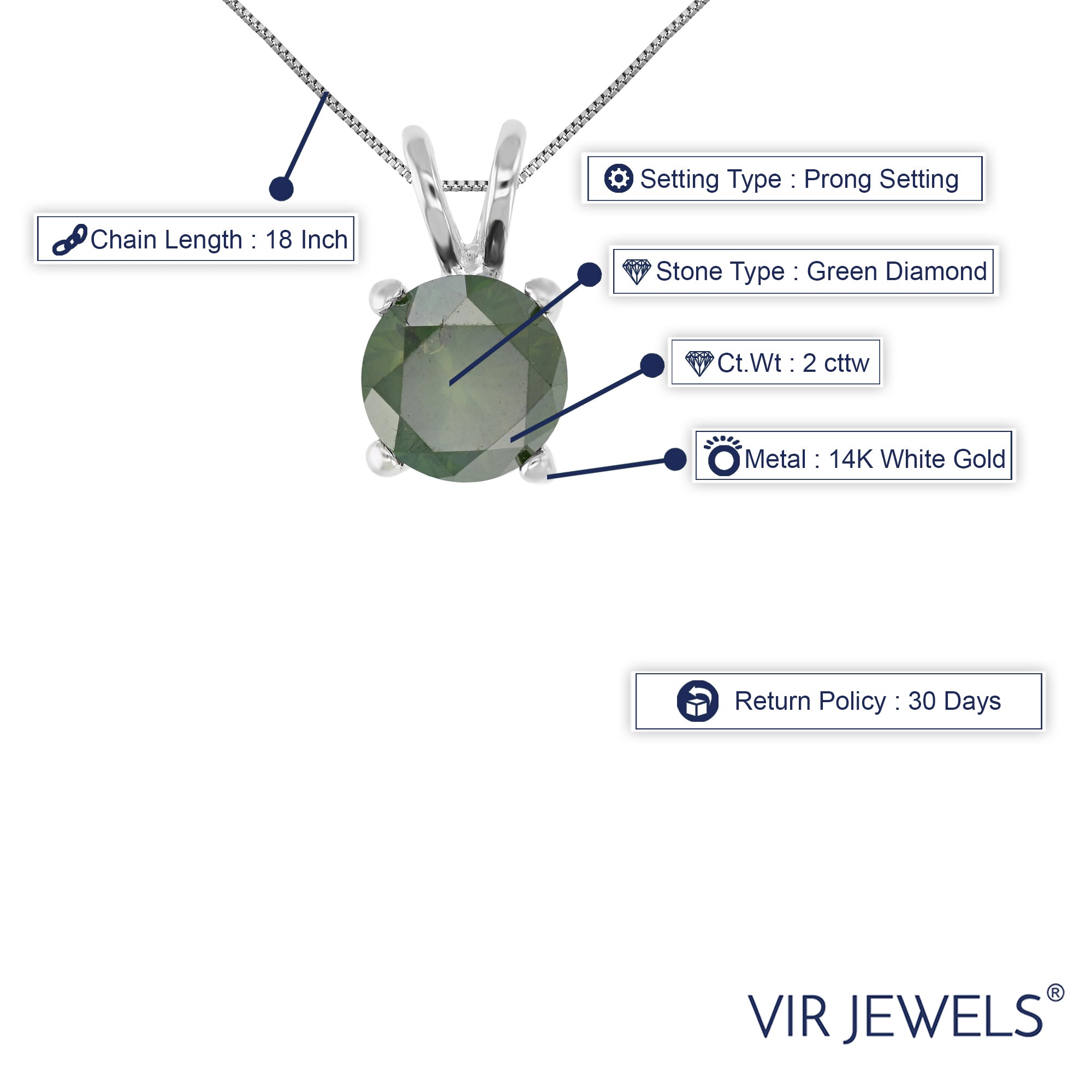 2 cttw Diamond Pendant, Green Diamond Solitaire Pendant Necklace for Women in 14K White Gold with 18 Inch Chain, Prong Setting