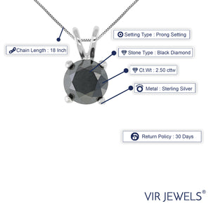 2.50 cttw Diamond Pendant, Black Diamond Solitaire Pendant Necklace for Women in .925 Sterling Silver with Rhodium, 18 Inch Chain, Prong Setting