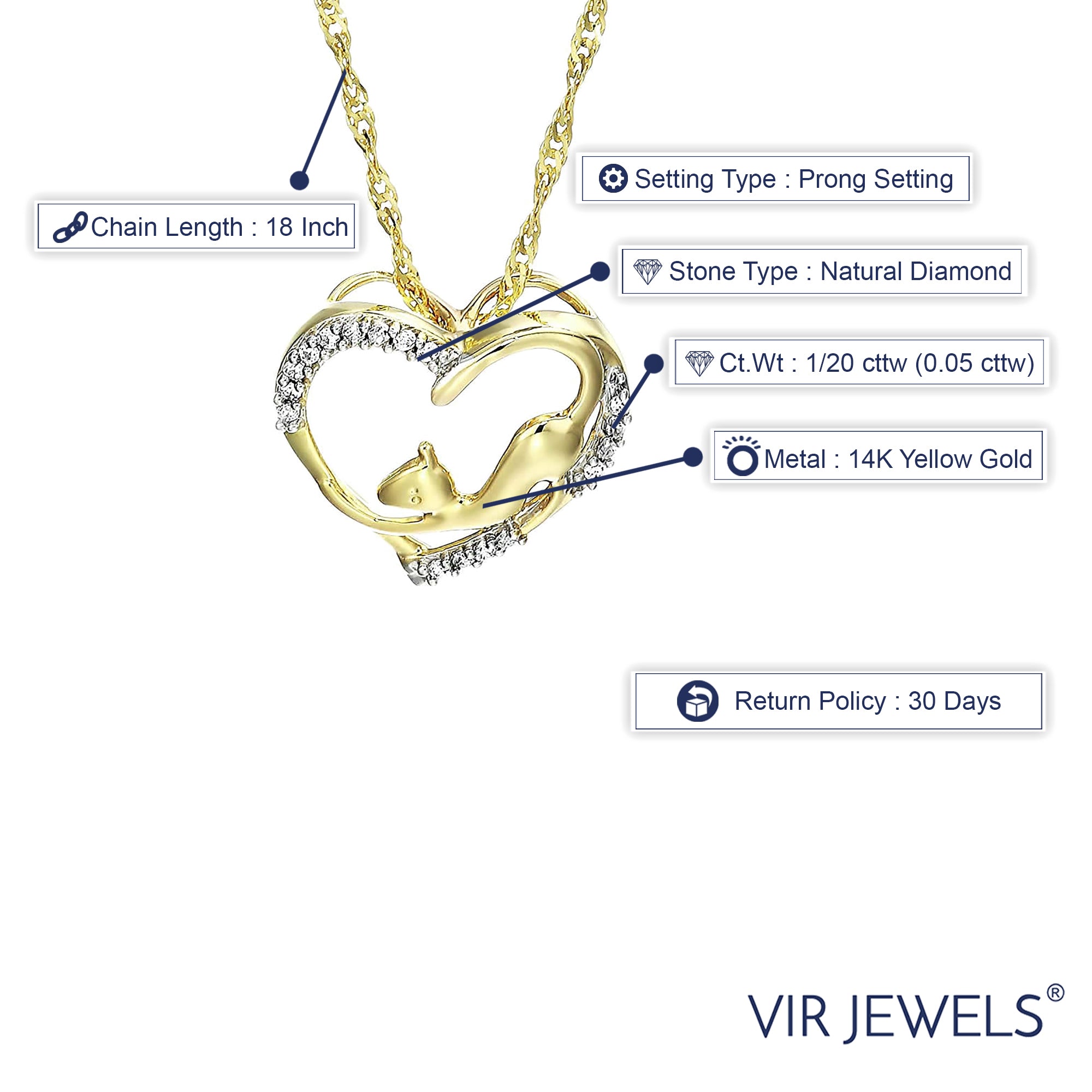 1/20 cttw Diamond Pet Heart Pendant Necklace 14K Yellow Gold 18 Inch Chain
