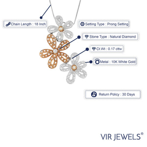 0.17 cttw Diamond Pendant, Diamond Flower Pendant Necklace for Women in 10K White and Rose Gold with 18 Inch Chain, Prong Setting