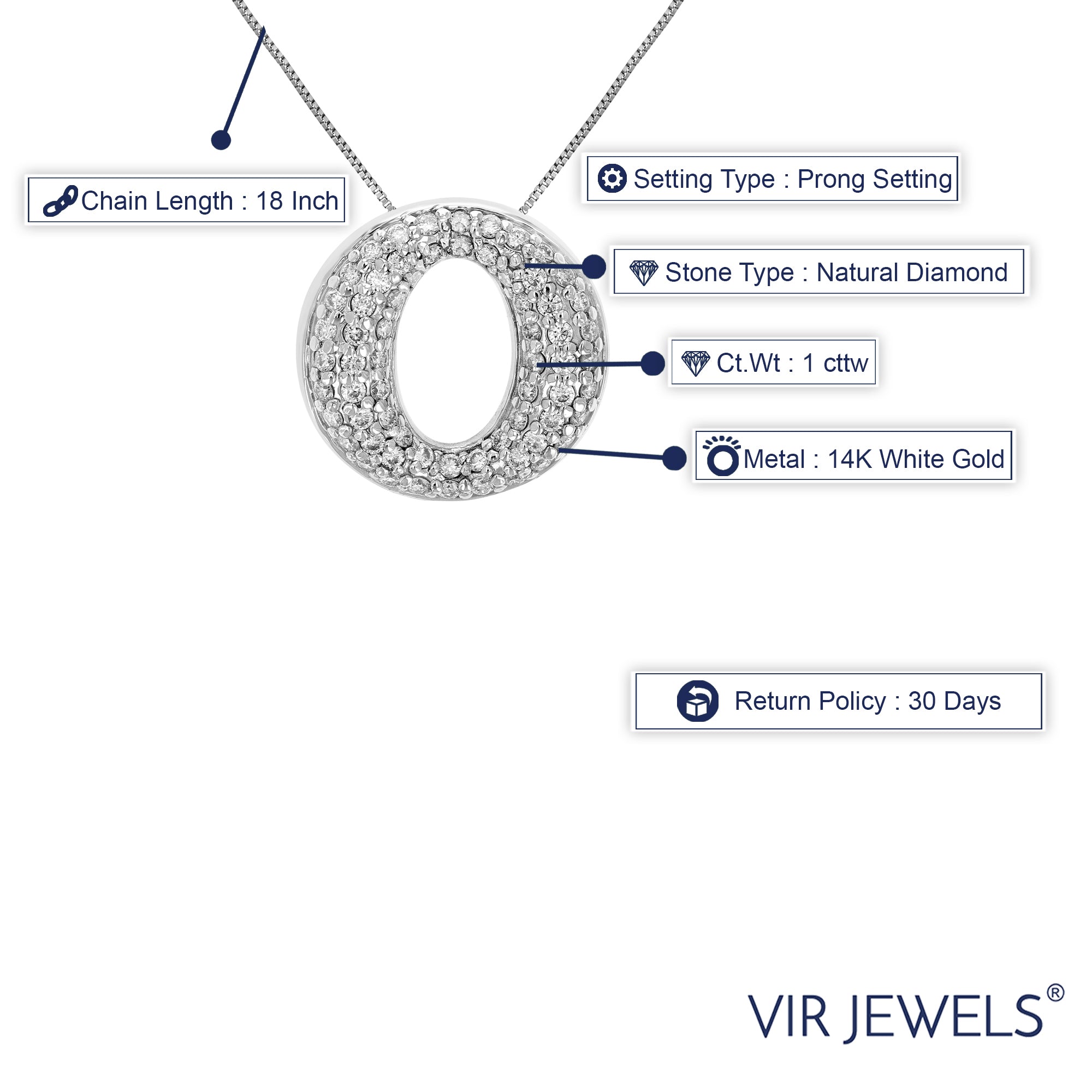 1 cttw Diamond Pendant, Diamond Circle Composite Pendant Necklace for Women in 14K White Gold with 18 Inch Chain, Prong Setting