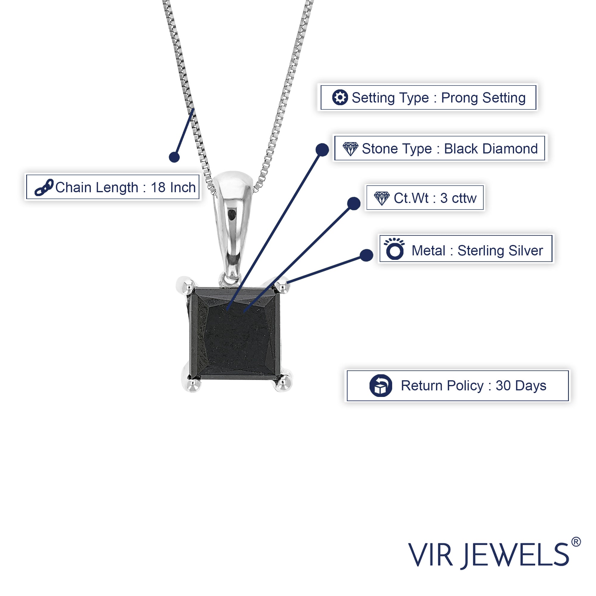3 cttw Diamond Pendant, Princess Cut Black Diamond Pendant Necklace for Women in .925 Sterling Silver with 18 Inch Chain, Prong Setting