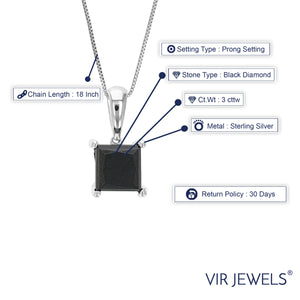 3 cttw Diamond Pendant, Princess Cut Black Diamond Pendant Necklace for Women in .925 Sterling Silver with 18 Inch Chain, Prong Setting