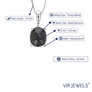 3.50 cttw Diamond Pendant, Black Diamond Oval Shape Pendant Necklace for Women in .925 Sterling Silver with 18 Inch Chain, Prong Setting